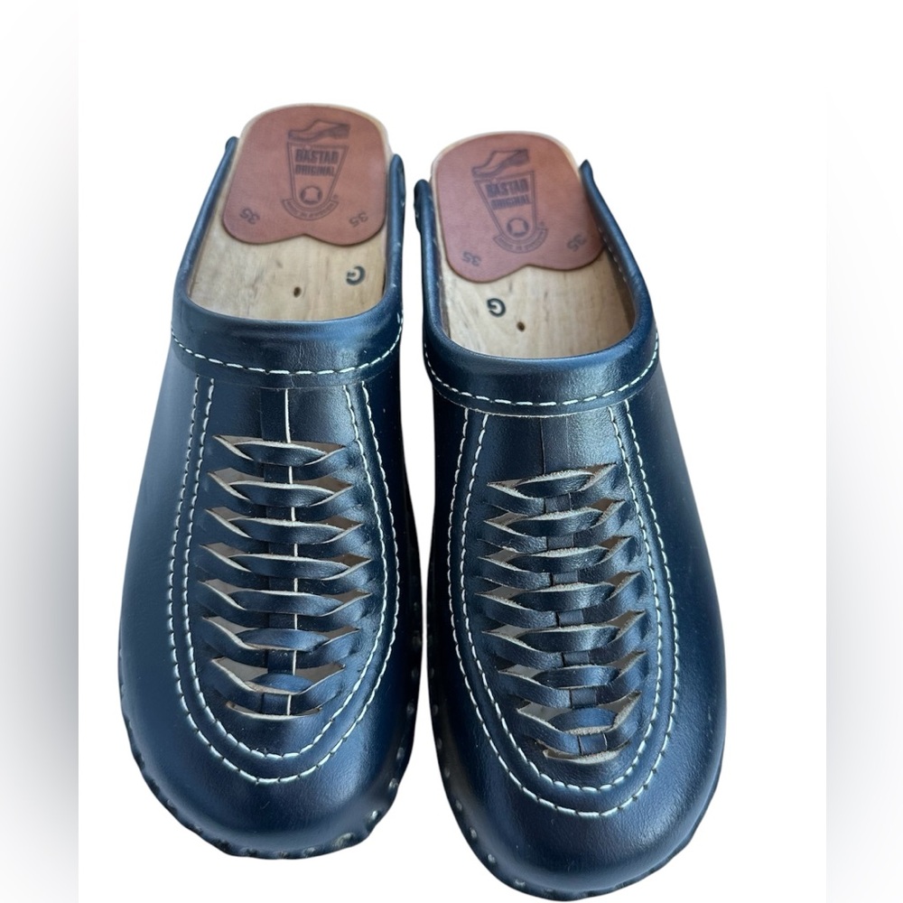 Vtg Bastad Original Wooden Slip-On Sweden Clogs Navy Blue size 35